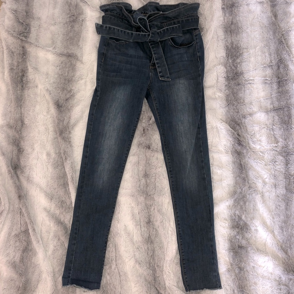 Dark Wash Front Tie Ruffle Hem Jeans - C’Est Toi, Apricot Lane